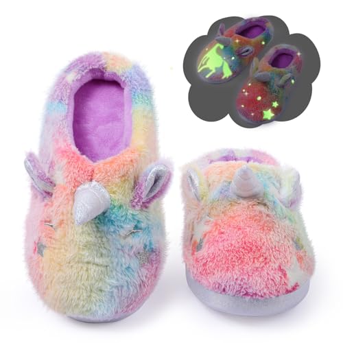 Fuzzy Unicorn Slippers for Boys Girls, Glow in the Dark Memory Foam House Slipper, Anti Slip Soles(Little Kid/Big Kid)