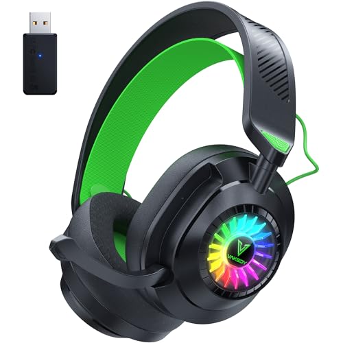 Vakedy HW10 Wireless Gaming Headset for PS5,PS4,PC,2.4GHz Bluetooth Gaming Headphones with Noise Cancelling Microphone,50Hr Battery Gamer Headset for Switch, Laptop,Mobile,Mac,Cool RGB (Black/Green)