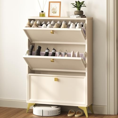 Shoe Storage Cabinet with 3 Flip Drawers, Shoe Rack Cabinet with 3-Tier Removable Shelves and Golde Handles, Freestanding Shoe Organizer with Metal Legs for Entryway, 9.6 x 31.5 x 46.5 Inches