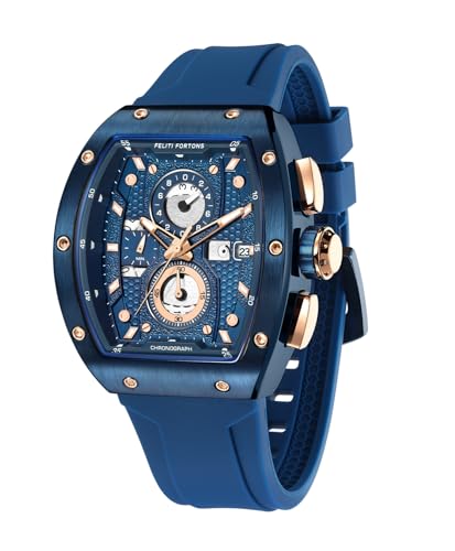 FELITI FORTONS Mens Watches Sport Tonneau 3ATM Waterproof Chronograph Luminous Quartz Watches of Men Silicone Strap with Gift for Men
