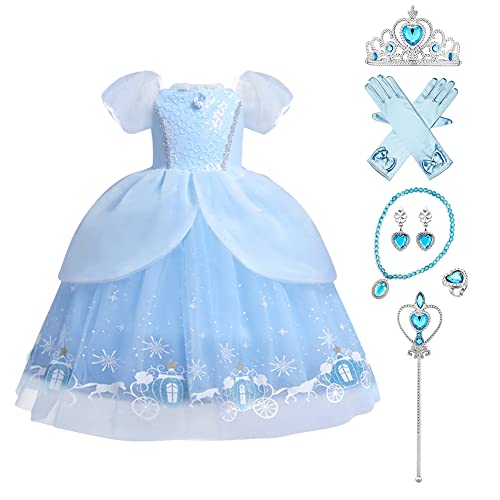 ODIZLI Kids Girls Cinderella Sofia Costume Princess Dress Up Fancy Butterfly Tulle Long Ball Gown+Accessories Fairy Dress Birthday Party Halloween Christmas Carnival Cosplay Cinderella 3-4 Years