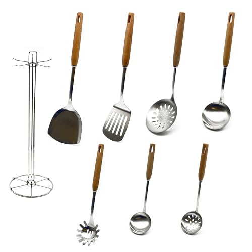 Hommony Cooking Utensils Set, 8-Piece 304 Stainless Steel Kitchen Tool Sets with Holder, Wooden Handle Heat Resistant Kitchen Cookware Set, Gadgets Tools Set Gift