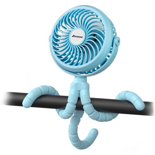 AMACOOL Battery Operated Stroller Fan Flexible Tripod Clip On Fan with 3 Speeds and Rotatable Handheld Personal Fans for Car Seat Crib Bike Treadmill (Blue)