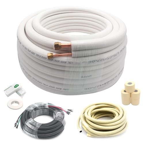 TAUROX 50FT Mini Split Line Set 1/4" & 1/2" O.D Copper Pipes Tubing and 3/8" White Thickened PE Insulation Coil, for Mini Split Air Conditioning or Heating Pump Equipment and HVAC with Flared Nuts.