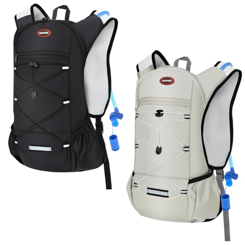 2 Pack Hydration Backpack Pack with 2L Hydration Bladders, TNYSPORT Lightweight Breathable Water Backpack with Multiple Pockets, Reinforced Shoulder Straps for Hiking, Running, Biking (Black and Gray)