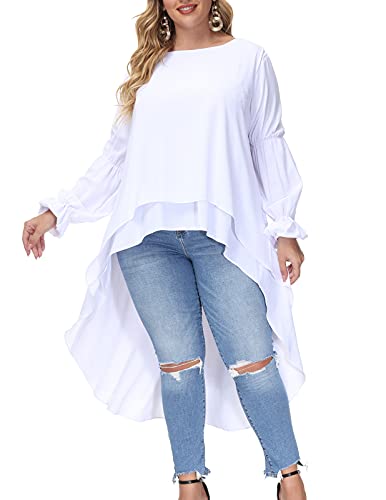 Womens Blouses and Tops Ruffle Long Sleeve Asymmetric High Low Club Shirt Dress 24W White