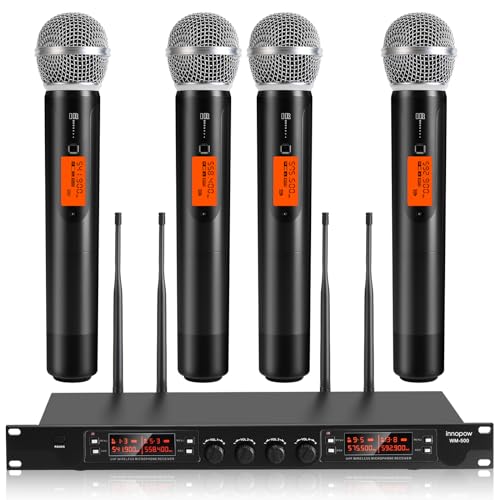 innopow 4 Channel Wireless Microphones System, Quad UHF Cordless Mic Set,4 * 40 Groups Metal Handheld Dynamic, Auto Scan, Long Range 200-300Ft,16 Hours Use for Church,Singing Bands (WM500)