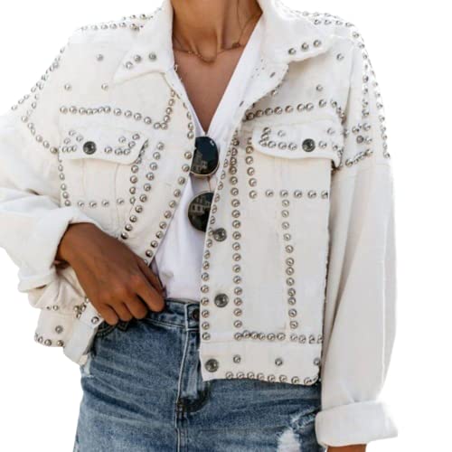 PUWEI Dressy Rivet Studded Denim Jacket for Women Western Distressed Washed Crop Jean Coat(2492-White-L)