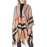 Women's Plaid Shawl Wrap Warm Cardigan Open Front Poncho Cape for Central Air Conditioning or Public Chilly Places