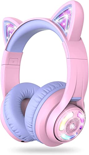 iClever Cat Ear Kids Bluetooth Headphones, LED Lights Up, 74/85/94dB Volume Limited, 50H Playtime,Bluetooth 5.2, USB C,Kids Headphones Wireless Over Ear for Travel iPad Tablet, Meow Macaron-Purple