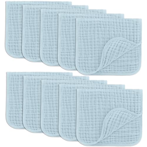 Comfy Cubs Muslin Burp Cloths Set Large 100% Cotton Hand Washcloths for Babies, Baby Essentials 6 Layers Extra Absorbent and Soft Boys & Girls Baby Bibs & Burp Cloths Set (Sky Blue, 10-Pack, 20" X10")