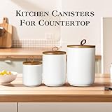 JOJUNO White Ceramic Canister Set with Wooden Lid, 3-Piece Airtight Food Storage Jars for Kitchen Counter - Flour, Sugar, Coffee, Tea, Spice - Small, Medium, Large Sizes