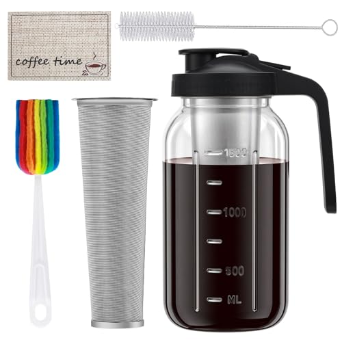 Cold Brew Coffee Maker Pitcher, 64oz Heavy Duty Glass Mason Jar Pitcher with Stainless Steel Filter, Pour Spout Handle Lid, Coffee Mat & 2 Brushes, Leak-Proof, for Iced Coffee Tea Lemonade, Black