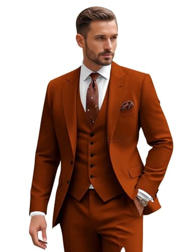 msatuy Burnt Orange Suit Men Rust Suits for Wedding Slim Fit Men's Outfits Single Breasted Jacket Man 2 Button Blazer Classic Fit Men's 3 Piece Suits S Men Suit