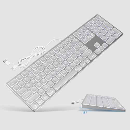 White Aluminum Backlit Keyboard for Apple Mac OS,Plug-N-Play, USB-A/USB-C Wired Keyboard with Numeric Keypad for iMac/Mac Mini or MacBook Laptop