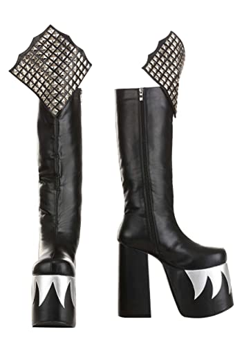 Fun Costumes KISS Demon Boots for Men's Cosplay, Gene Simmons Black Platform Boots with Silver Flame Design Size 11