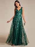 Ever-Pretty Women's Prom Dresses V Neck Sleeveless Tulle Hem A-Line Sequins Maxi Ball Gowns Dark Green US6