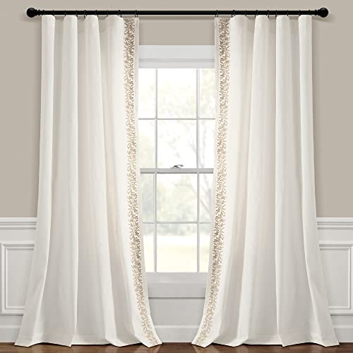 Lush Decor Luxury Modern Flower Linen Like Embroidery Border Window Curtain Panel (Single Panel), 84" L x 52" W, Off-White & Neutral