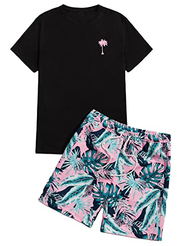 GORGLITTER Men's Tropical Short Set Summer Crewneck Short Sleeve T Shirt and Shorts Sets 2 Pieces Outfit Black X-Large