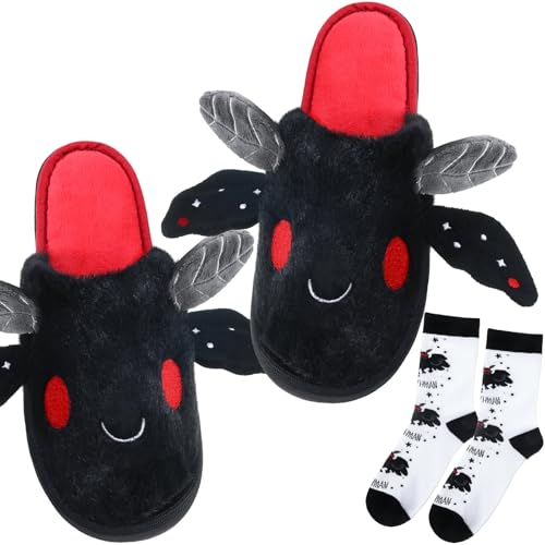 Shyyween Mothman Cute House Slipper with Sock Winter Warm Mothman Gift for Women Men Cryptids Plush Animal Slippers(8.5-9.5 Women/ 8-8.5 Men) Black, Red