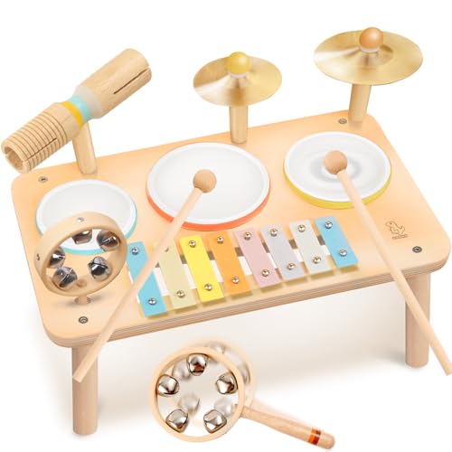 OATHX Wooden Musical Instrument Set for Toddlers - Montessori Toy for Boys Girls Ages 1-5, Birthday Gift & Early Learning Toy - Music Education Set with Drums, Xylophone, Bell, Cymbals & Tone Block