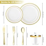 N9R 600PCS Disposable Plastic Plates, Gold Plastic Dinnerware Set Includes 100 Dinner Plates, Dessert Plates, Cups, Spoons, Forks, Knives for 100 Guests, Perfect for Party, Wedding, Birthday