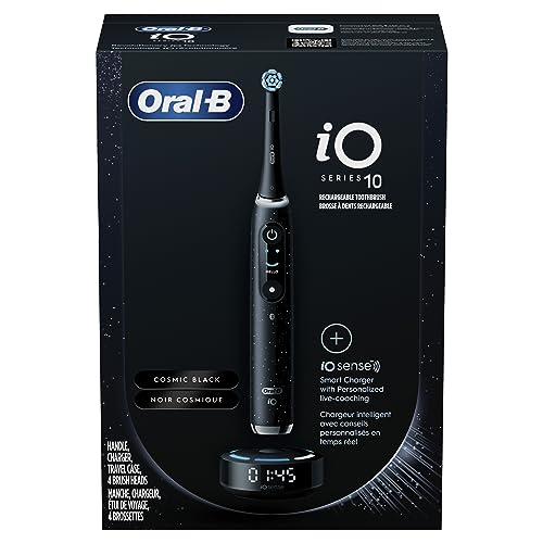Oral-B iO Series 10 Rechargeable Electric Toothbrush with Visible Pressure Sensor to Protect Gums, 2 Min Timer, 7 Cleaning Settings, 4 Replacement Toothbrush Heads, and Charging Travel Case, Black