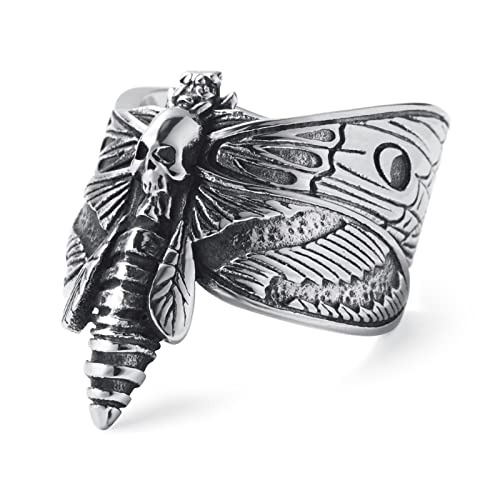 KIRTIJW Skull Rings for Men Stainless Steel Gothic Punk Biker Death's-Head Hawkmoth Rings Jewelry for Men Size 9