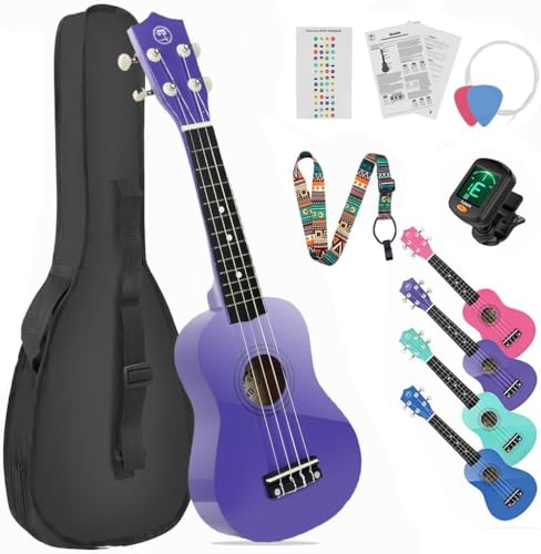 MUSTAR Soprano Ukulele or Beginners - 21 Inch Small Guitar Ukulele for Kids & Adults, Beginner Ukuleles Kit With Gig Bag, Digital Tuner, Strap, Picks, Basswood Purple Ukulele Set