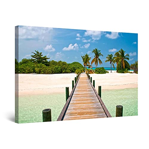 Startonight Canvas Wall Art - Bridge to the Beach, Beach Palms Clear Water for Living Room Picture Large Framed, Modern and Contemporary, Unique Luminous Wall Art 32" x 48" Day & Night Effect