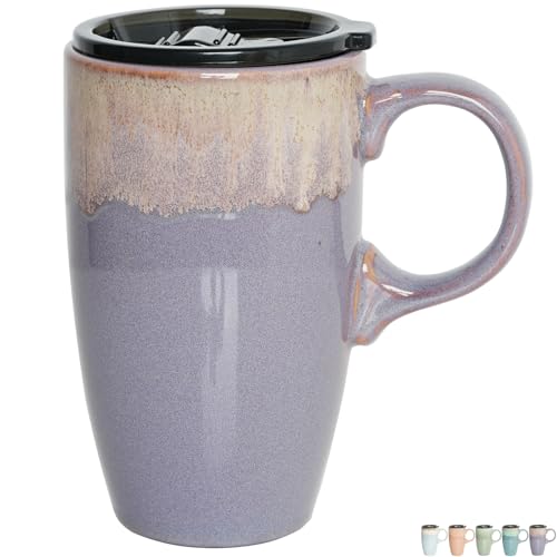 Bosmarlin Ceramic Travel Coffee Mug with Handle and Lid, 18 oz, Portable Coffee Cup for Car Cup Holder, Microwave and Dishwasher Safe, Reactive Glaze (Deep Purple)