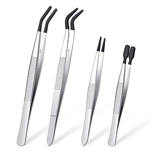 DragonflyDreams 4 Pieces Tweezers with Rubber Tips Tweezers PVC Coated Tweezers Set, Rubber Straight Tip Tweezers Rubber Flat Tip Tweezer Long Bent Tweezers for Crafts Stamps Beads Jewelry Tools