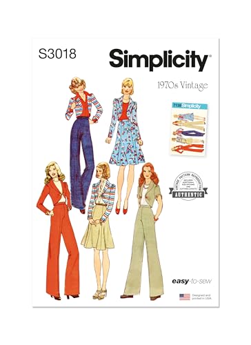 Simplicity SS3018H5 Misses' Vintage 1970's Wide Leg Pants, Flared Skirt and Jacket Sewing Pattern Packet, Design Code S3018, Sizes 6-8-10-12-14, Multicolor