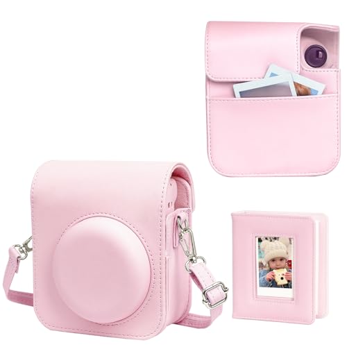 WOGOZAN Instant Mini 12 Protective Case for Fujifilm Instax Mini 12 Instant Camera, PU Leather Bag with Magnetic Closure and Back Pocket, 64 Mini Photo Album and Adjustable Shoulder Strap (Pink)