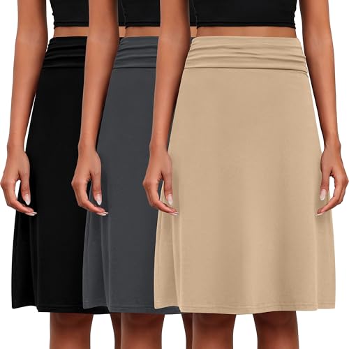 Baggyfly 3 Pack Womens Midi Skirts Flowy Lightweight Knee Length Casual Elastic Waist Modest Flared Skirts Trendy Summer(XL,Black, Charcoal Gray, Khaki)