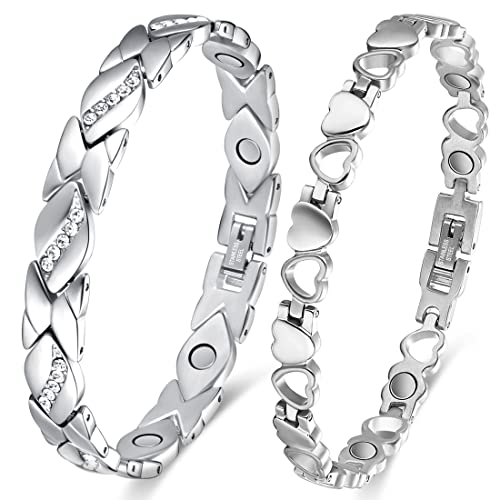 Cigmag 2PCS Magnetic Bracelets for Women Adjustable Titanium Steel Magnetic Bracelet with Strength Magnets Sizing Tool for Valentine Anniversary Jewelry Gift Set (Crystal & Love)