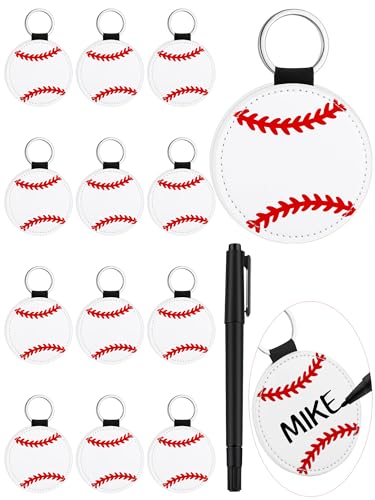 Landical 12 Pcs Leather Baseball Keychains Personalized Baseball Key Chain Baseball Keyring Sports Keychain with Marker Pen Baseball Gifts for Team Sports Souvenir Favors and DIY Gifts