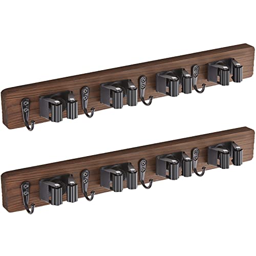 OUTNILI 2 Pack Mop Broom Holder Wall Mount - Wood Broom Mop Hanger - Wall Mounted Garden Tool Rack Organizer for Closet Garage Laundry Room Farmhouse Rustic Kitchen Decor With 4 Slots & 4 Hooks