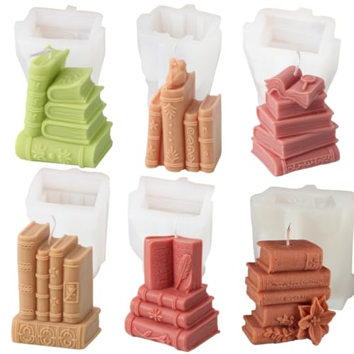 6PCS-3D Book Silicone Candle Mold Literary Style Plaster Epoxy Resin Casting Mould Bookshelf Ornament Study Decors Making Supplies (6pcs-Book Candle Mold)