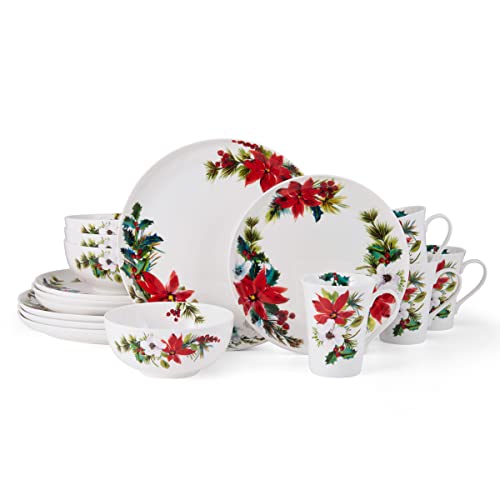 Mikasa Hope Joy Holiday Poinsettia Bone China Lightweight Chip Resistant 16 Piece Dinnerware Set, Service for 4, Multicolor