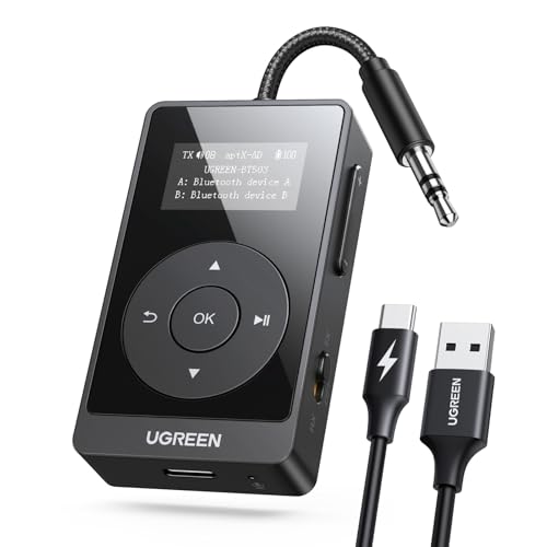 UGREEN Airplane Bluetooth 5.3 Transmitter Receiver for 2 Airpods, AptX Adaptive/HD Audio 3.5m Aux Bluetooth Adapter for Airplane TV Wireless Headphones, Travel Essentials for Flying