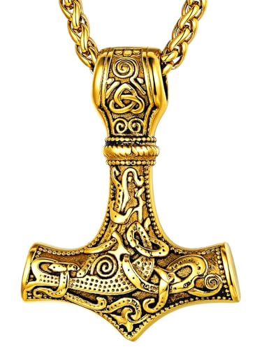 FaithHeart Viking Thors Hammer Pendant Necklace, 14K Gold Plated Vintage Nordic Mythology Celtic Knot Norse Vikings Amulet Necklaces Guiding Rune Jewelry -Gold