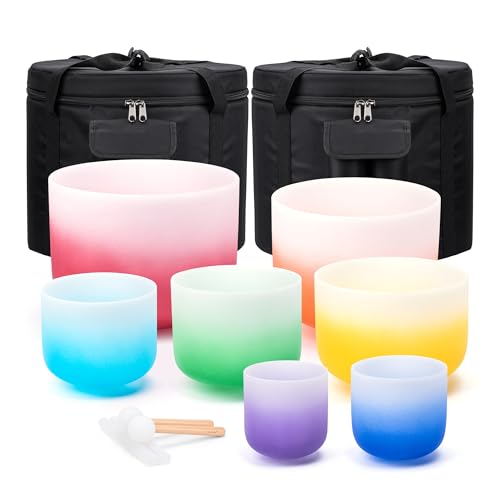 Sevenbowls 432HZ 7PCS Set Of 6-12 Inch Aria Gradient Design Frosted Quartz Crystal Singing Bowls With 2 PCS Travel Carry Case Bag