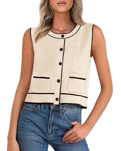 PRETTYGARDEN Vest For Women 2025 Summer Casual Button Down Color Block Sweater Vest Ribbed Knit Tank Tops With Pockets(Beige,Small)