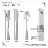 100 Pack Pre Rolled Silver Plastic Cutlery Set, Individually Wrapped Plastic Silverware Set with 100 Forks, 100 Knives, 100 Spoons, 100 Napkins, Disposable Utensils for Party and Wedding