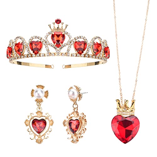 Abitoncc Queen Heart Crown Evie Gold Tiara Red-heart Necklace and Stud Earrings, Red Queen Hearts Accessories for Woman Halloween Christmas Birthday Costume