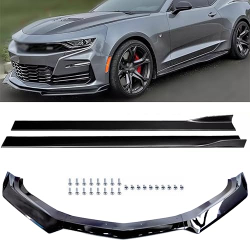 Front Bumper Lip with Side Skirt for Chevy Camaro 2016-2024, 1LE Style, Chevy Camaro SS Front Lip Splitter Spoiler & Side Skirt Kit Rocker Panel Pair (Glossy Black)