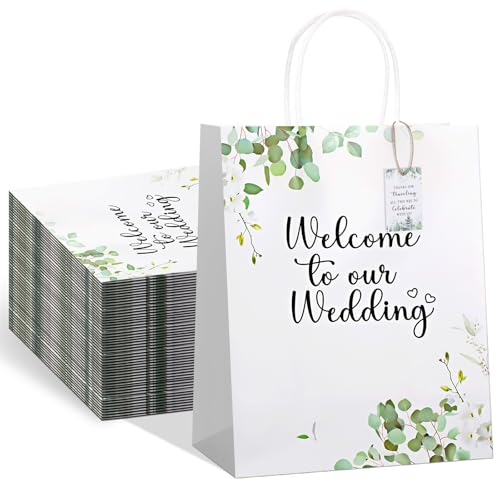 Watersay 50 Set Wedding Welcome Gift Paper Bags with Tags for Hotel Guests Wedding Party Favors Supplies, 8.3 x 4.3 x 10.6 Inch