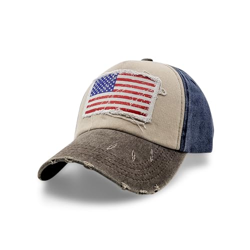 epicW Vintage Distressed USA Hat - Low Profile Mens Baseball Cap with American Flag, Stylish Dad Cap, Perfect Veteran Ballcap for Men, American Flag Baseball Cap, USA Collection Brown/Blue