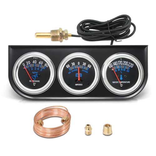 MH 2inch 52mm Triple Gauge Set, Oil Pressure Gauge Water Temp Temperature Ammeter AMP Car Auto 3 Gauges Cluster Set kit